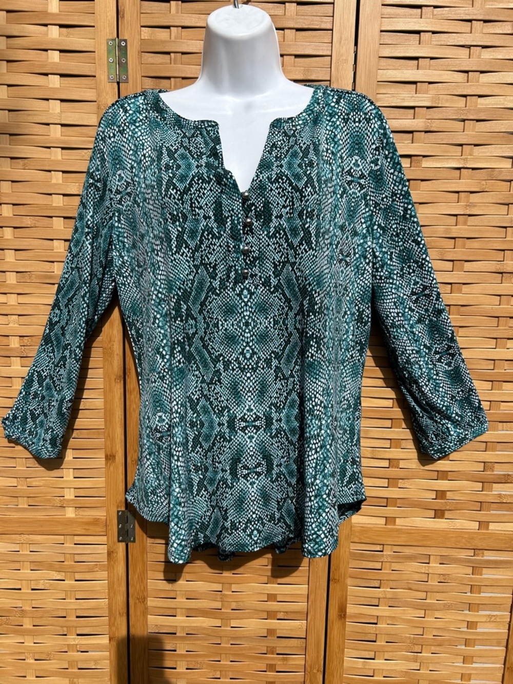 🔥3/$8-Dana Buchman Teal Snake-Print Blouse